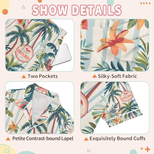 senya Coconut Trees and Umbrellas Satin Summer Pajama Sets Silk Short Sleeve Button Down Sleepwear3