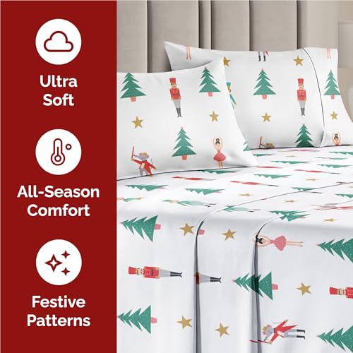 Queen Christmas Nutcracker Ballet Sheet Set - Holiday Xmas Pattern Bedding Set - Deep Pockets - Snug Fit - 4 Piece - Wrinkle Free - Comfy Festive Winter - Holiday Sheets for Women, Men, Kids & Teens
