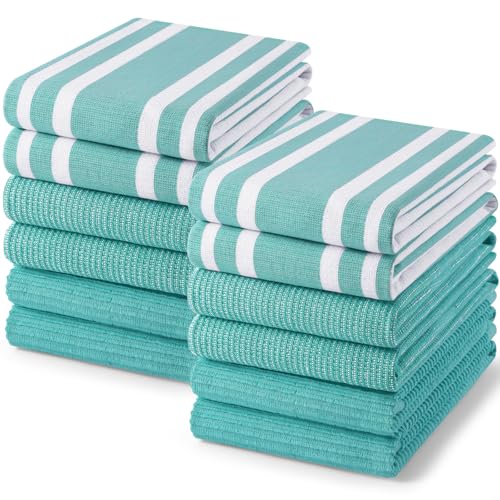 Image of Homaxy Premium Kitchen Towels(18 inchx 28 inch, 12 Pack), Large Cotton 380 GSM Kitchen Hand Towels, Soft and Absorbent Terry Dish Towels, Multipurpose Tea Towel Set with Hanging Loop, Teal