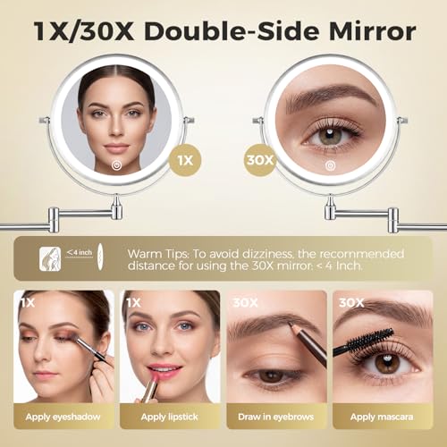 Wall Mounted Makeup Mirror with Light, 8 Inch 1X/30X Magnifying Mirror, Rechargeable 4000mAh, Double Sided, Extendable Arm, 360° Swivel Bathroom Mirror - Image 6