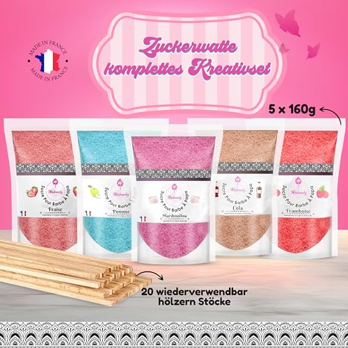 Misskandy®- Zuckerwatte Zucker 5X160Gr (Natürliche Aromen und Farben) Erdbeer-Cola-Apfel-Marshmallow-Himbeere/Zuckerwattemaschine/ + 20 Sticks (kostenlos) – Bild 3