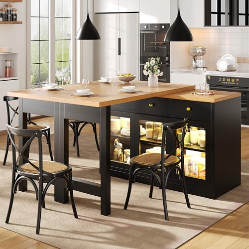 Huayz Isla de cocina independiente con encimera, mesa de comedor extensible giratoria 360°, 2 puertas y 3 cajones, carrito de cocina móvil, para cocina, comedor, 131,5-210 × 40 × 90 cm (negro - A)