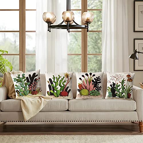 Neatee Living Set Of 4 Cactus Decorative Throw Pillow Covers 16X16 Inch Tropical Plants Linen Square Pillow Cases Summer Decorations Outdoor Sofa Couch Home Bed Decor Cushion Covers (16 By 16) #TOP3