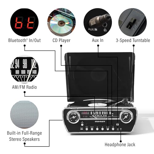 Image of Crosley CR6047A-BK Powel 7-in-1 Bluetooth in /Out Vinyl Record Player with AM /FM Radio, CD Player, and Aux-in, Black