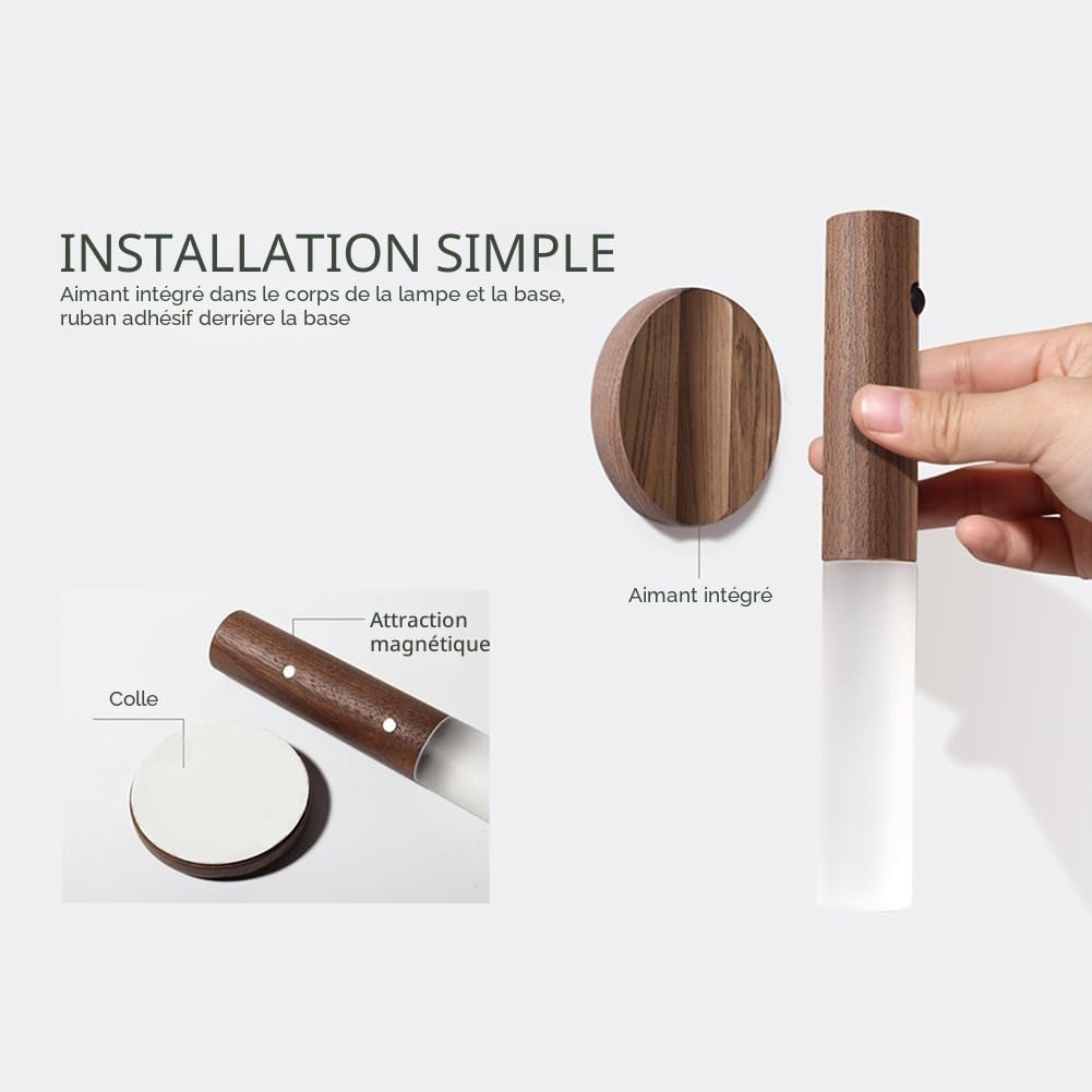 LANDGOO Veilleuse à détecteur de mouvement magnétique pour couloir, éclairage LED rechargeable, applique murale en bois alimentée par piles (bois de noyer) | Lampe murale LED rechargeable sans fil à piles