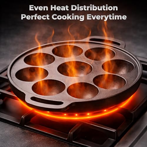 Image of Cast Iron Appam Pan (7 /9 /12 Cavity) | Paniyaram Pan, Appe Pan, Kuzhi Paniyaram Maker | Heavy Duty, Even Heating, Gas & Induction Compatible (9 Cavity (Medium))