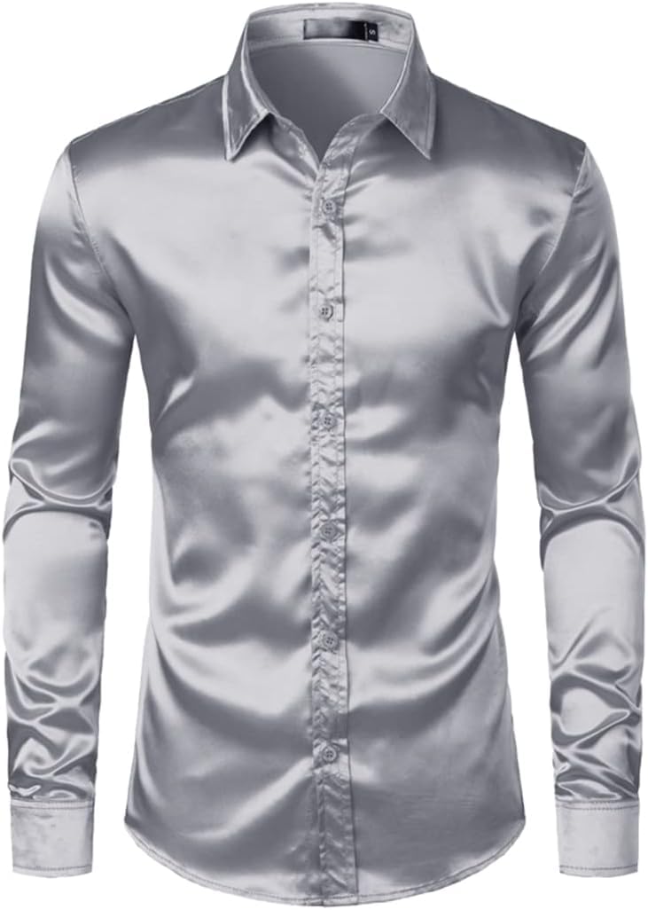 Weißes Smokinghemd Aus Seidensatin Für Herren, Langärmelig, Tailliert, Für Hochzeiten, Partys Und Tanzen, Freizeithemden Für Herren., White, L
