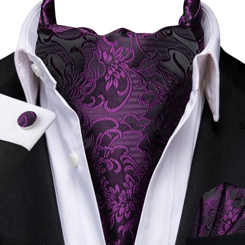 Image of Hi-Tie Silk Ascot for Men Self Tie Men's Cravat and Flower Lapel Pin Handkerchief Cufflinks Set for Wedding Party