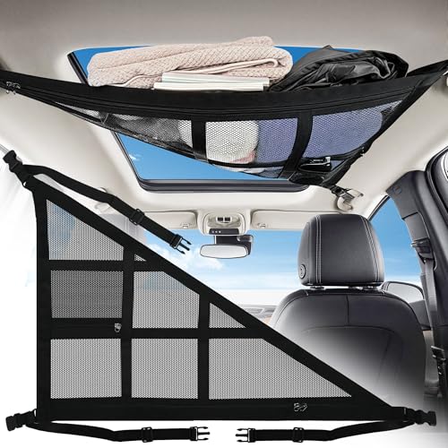 rloao 車内天井収納 ネット 三角形 2層タイプ ルーフネット カーゴ ファスナー付き 80*53cm 窓開けに影響しない | 荷物 落下防止 垂れにくい ルーフ 3点 クロスバンド ハンモック 車 天井 収納倍増 バックル固定 調整可能 ブラック