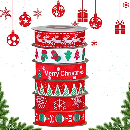 Funnlot Christmas Ribbons 6 Pack for Gift Wrapping & Crafting - Red Xmas Ribbon Rolls