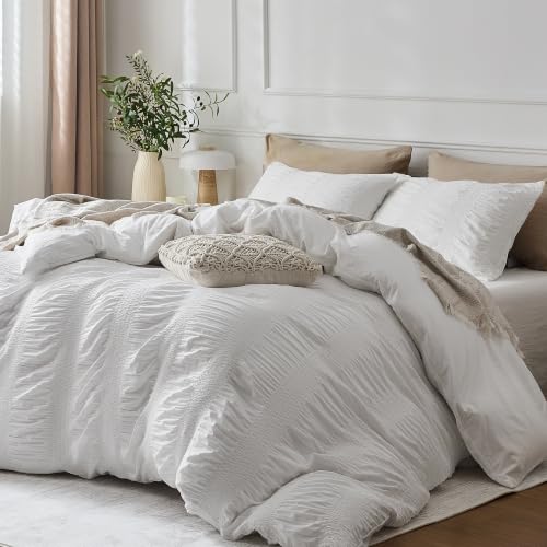 Image of JELLYMONI White Duvet Cover Full Size, 3pcs Washed Microfiber Bedding Set, Soft Breathable Wide Seersucker Duvet Cover Set with Zipper Closure and Corner Ties for All Seasons