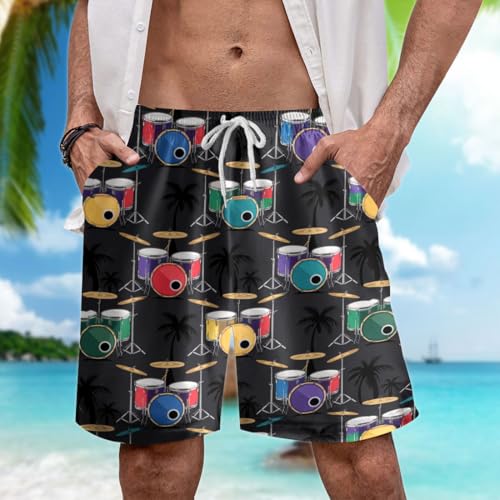 Music Lover Men's Swim Trunks - Drum Mens Swim Trunks with Mesh Lining Swimwear Bathing Suits Set 043