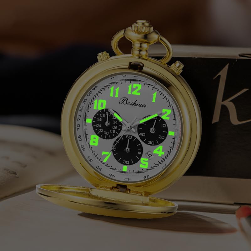 Image of BOSHIYA Multifunctional Stopwatch Calendar Silver Gold Black Pocket Watch with Bracelet