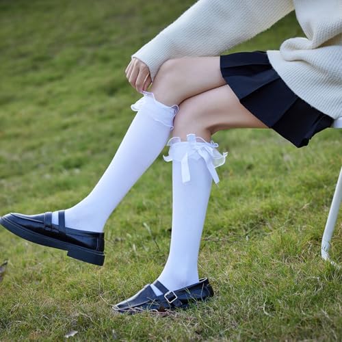 Image of AMHRLINGTO Women's Lace Ruffle Frilly Ankle Socks - Girl Cotton Knee High Socks with Bow Lace Ruffle Trim