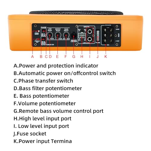 Image of Junsun Slim Under-Seat 10″ 800W Powered Car /Truck Subwoofer & Amp Combo - 220W RMS, Built-in Amplifier, High /Low Input, with Wire Mounting Kit (Vibrant Orange)