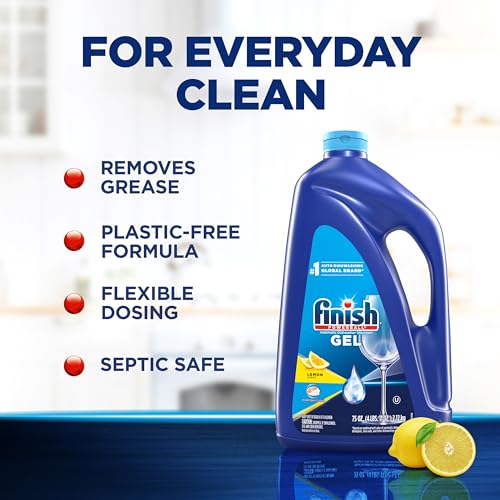 Image of Finish Gel Liquid Dishwasher Detergent, Advanced Deep Cleaning Power Dish Soap, Fights Tough Stains, Dishwasher Soap, Plastic-Free & Septic Safe Dish Detergent, Lemon Scent, 75oz