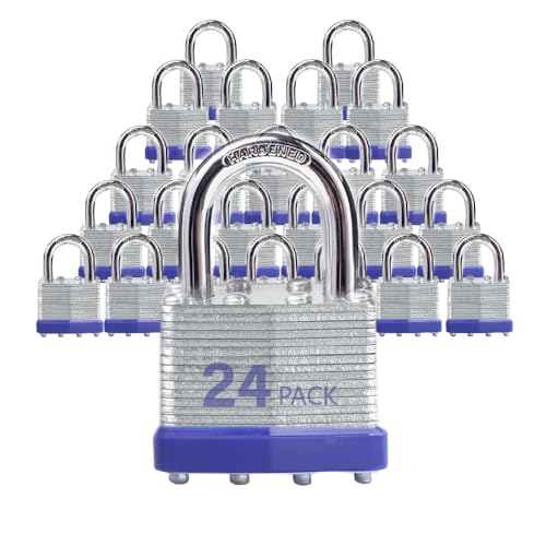 Image of Keyed Alike Laminated Steel Padlocks, Standard Shackle, for Hasp, Shed, Fence, Storage Locker, School, Gym (24 Pack)