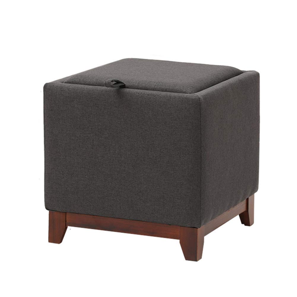 Pouf de rangement gris foncé en lin et bois massif carré