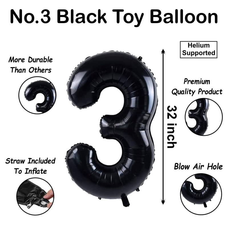 Image of Black 32 Inches Numbers 3 Shape Large Big Foil Helium Balloons For Party Decorations In Happy Birthday Anniversary Office Items Materials Set Pack,1 Piece
