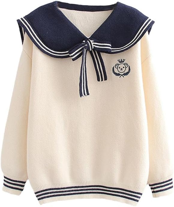 BAIMORE Teen Girls Kawaii Japanese Sailor Collar Cartoon Bear Embroidery Long Sleeve Knit Sweater
