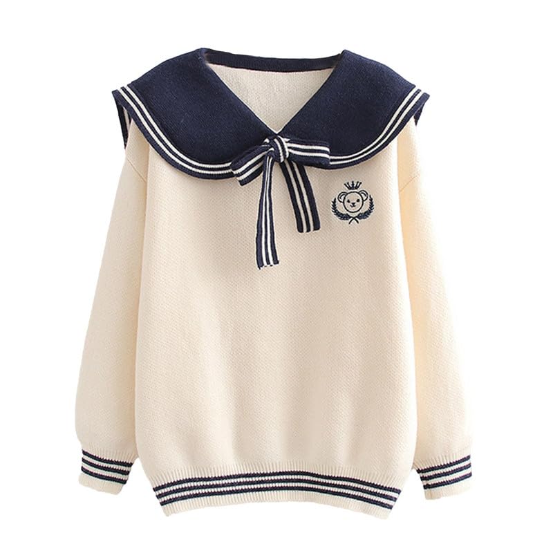 Image of BAIMORE Teen Girls Kawaii Japanese Sailor Collar Cartoon Bear Embroidery Long Sleeve Knit Sweater