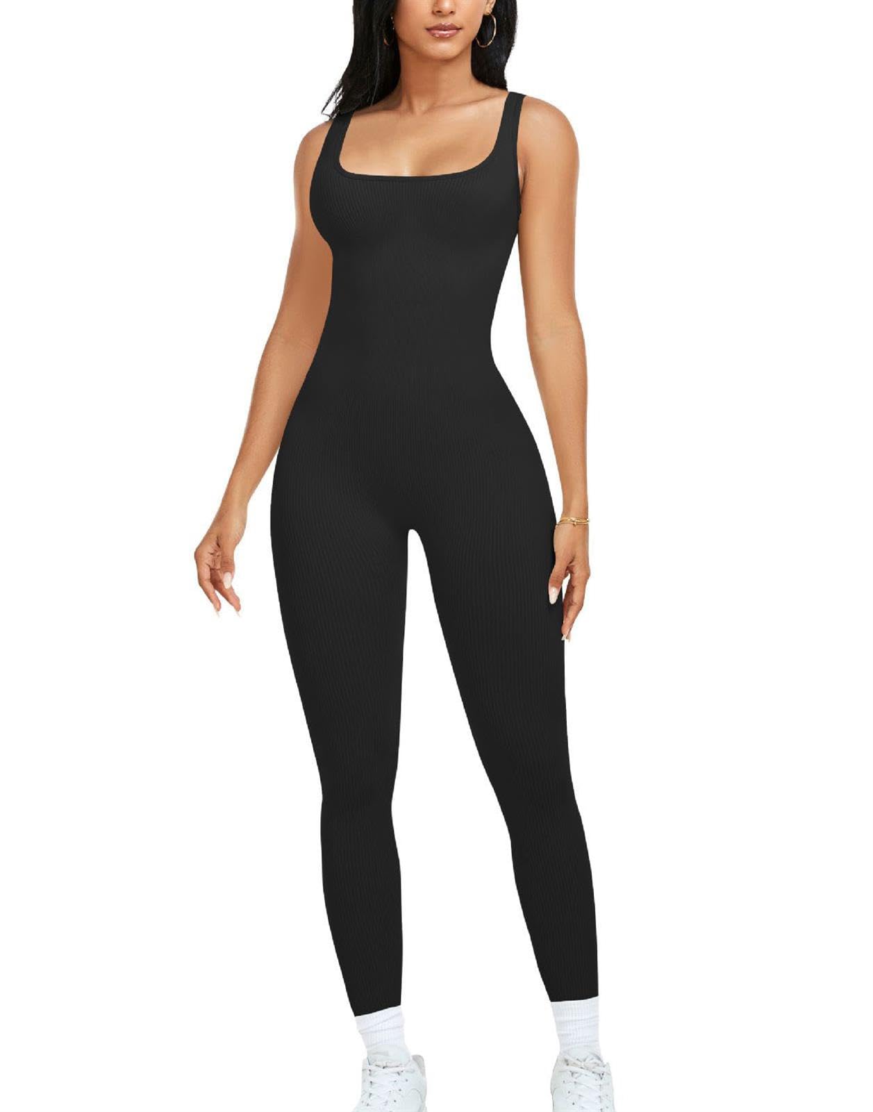 hixswnu Traje de Yoga para Mujer Mono Sexy Cuello Cuadrado Manga Larga Leggings de Longitud Completa Bodycon Stretch Ropa Deportiva,Negro,L