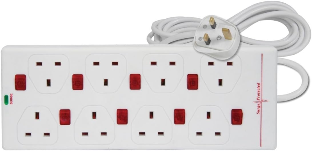 ShaniTech 2m 8 Gang Surge Protected Extension Lead Switched Neon 8 Way (White)