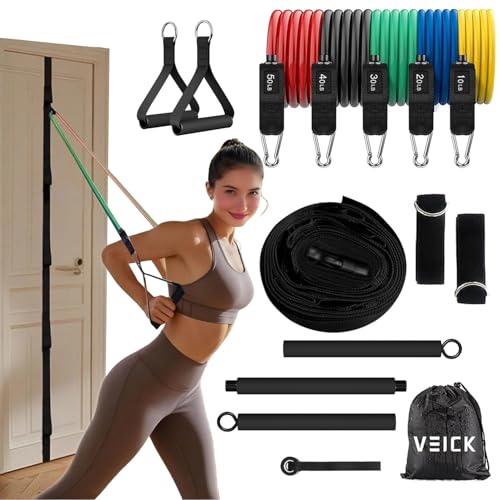 Image of VEICK Resistance Bands Set, 10-150 LBS Stackable Exercise Bands with Handles, Ankle Straps & Door Anchor, Workout Bands for Home Gym, Yoga, Pilates, Physical Therapy for Men Women