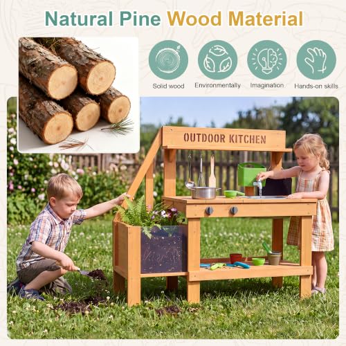 Image of PETKABOO Wooden Mud Kitchen for Kids Outdoor, Water Play Kitchen Set
