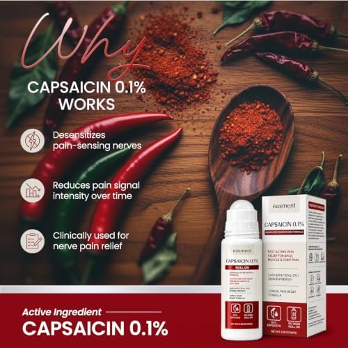 Easment Capsaicin Roll On 0.1% for Muscle & Joint Pain Relief, Warming No-Mess Topical Cream Alternative for Back, Neck, Knee, Foot & Hand Aches, Fragrance Free, 2.82 fl oz - 2