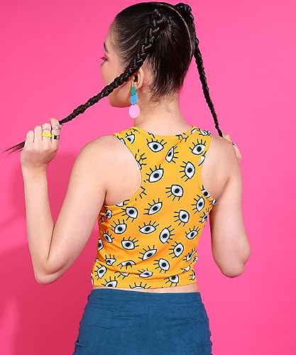 Image of POPWINGS Women Casual Yellow Eye Printed Self Design Tank Crop Top Tops for Women | Stylish Tops for Women | Trendy Tops Women