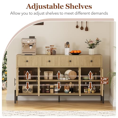 GarveeHome 62" Large Sideboard Buffet Cabinet with Storage and 3 Drawers, Buffet Table Coffee Bar Storage Cabinet with 4 Glass Doors for Dining Room, Living Room, Kitchen