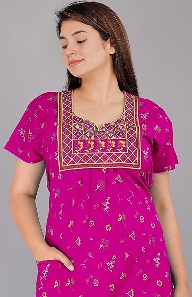 Image of Bresdk Women's Cotton Embroidered Jaipuri Nighty Gown - Pack of 2 Rajasthani Print Maxi Night Dress with Pocket - Soft & Comfortable Ladies Sleepwear & Loungewear