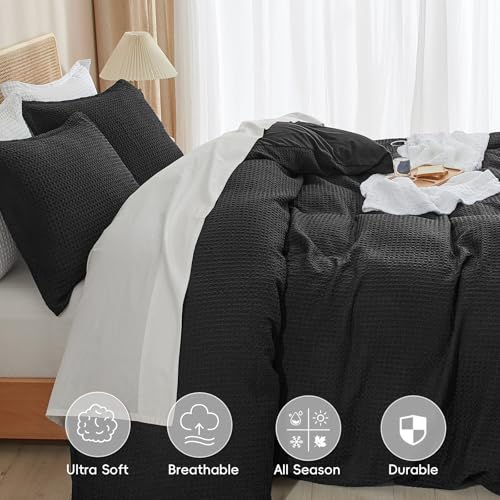 Image of PHF Waffle Weave Duvet Cover Set Queen Size, No Snagging Ultra Soft Luxury Textured Breathable Comforter Cover for All Season 3pcs, Durable Bedding Duvet Set with 2 Pillow Shams, 90 inchx90 inch, Black