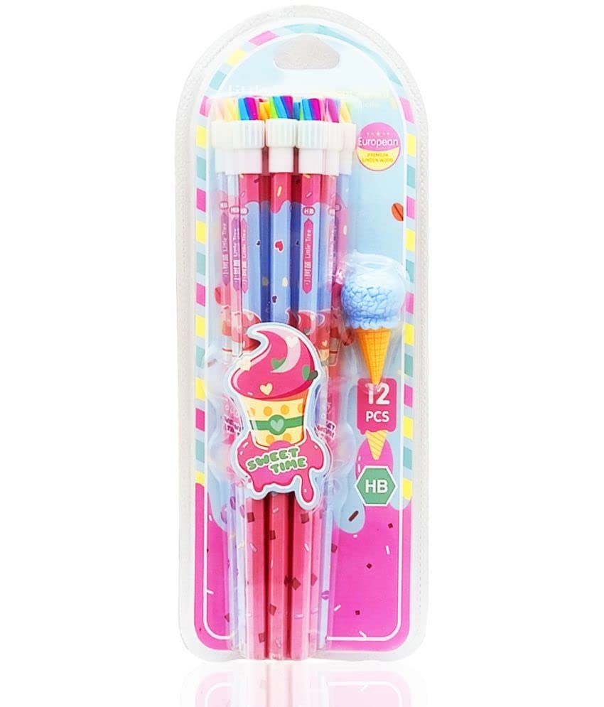 Krupasadhya 12 Printed Rubber Tipped Pencils with Ice Cream Shaped Eraser School Supplies Item for Kids 1
