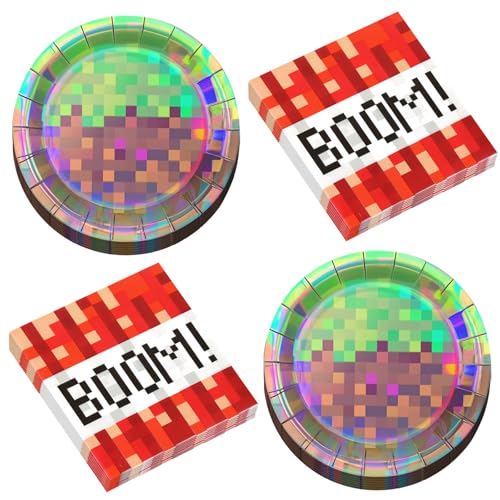 50Pcs Iridescent Pixel Party Plates and Napkins Set Video Game Disposable Tableware Set Pixel Dessert Plates Gaming Party Supplies Birthday Decorations for Kids Baby Shower Teen Gamer Serve 25