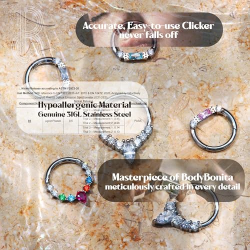 BodyBonita 16G Septum Rings Jewelry - Cubic Zirconia Luxe 316L Stainless Steel Hinged Nose Rings Hoops for Women Conch Piercing Jewelry Tragus Daith Helix Earring 14K Gold Plated/Silver 8 mm/10 mm4