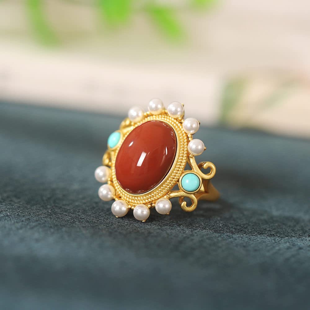 Anello In Argento 925 Da Donna,Anello Regolabile Per Donna Southern Onyx Ovale In Argento Sterling 925 Perle Intarsiate Retrò Placcato Oro Anelli Nocche In Pietra Naturale Matrimonio Gioielli Per L