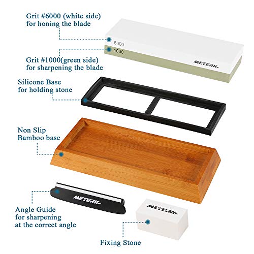 Sharpening Stone, Meterk Premium Whetstone Dual Side Grit 1000/6000 Knife Sharpener Stone with Non-slip Bamboo Base, Flattening Stone & Angle Guide, Sharpening Stone Set for Home & Kitchen
