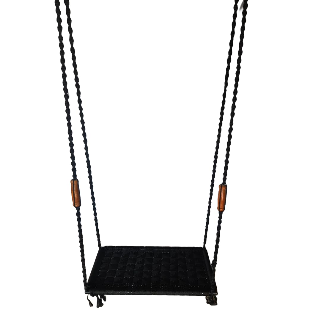 Shy Shy Braided Rope Swing Seat with Wooden Grips, 66 x 36 cm | Indoor & Outdoor Use, Woven Seat Design, Twisted Rope, Black Colour, Metal Rectangular Frame-image-12