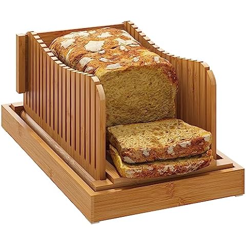 Bread Slicer, Bamboo Wood Homemade Bread Guide, 3 Slice Thickness, Foldable Compact Cutting Guide with Crumb Tray Cover