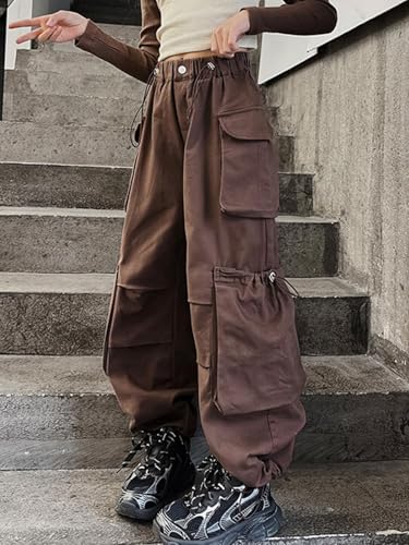 Image of Girls Cargo Pants Wide-Leg Straight Streetwear, 6-14 Years | Elastic Drawstring Vintage Baggy Pants Y2K School Casual