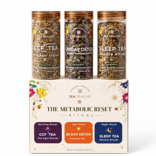 Image of TeaTreasure Metabolic Reset Ritual Kit - CCF+, 28 Day Detox Fat Loss & Sleep Herbal Tea Combo | Ayurvedic Blend for Digestion, Weight Loss, Metabolism Boost & Better Sleep