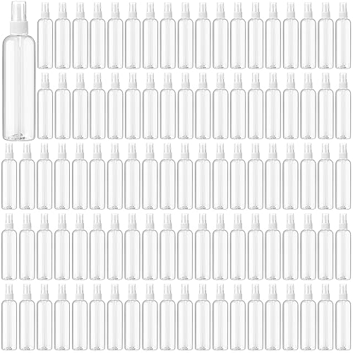 Tanlade 100 Pcs 8 oz Empty Spray Bottles with Pump Spray Cap Refillable Clear Plastic Misting Bottles Fine Mist Bottle for Hair Essential Oils Beauty Products Cleaning Travel(White)