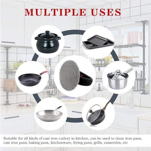 Image of MEIXINZHI Cast Iron Cleaner, Chain Mail Scrubber & Pan Grill Scrapers - 2 in 1 Cast Iron Skillet Cleaner (Black, Without mat)