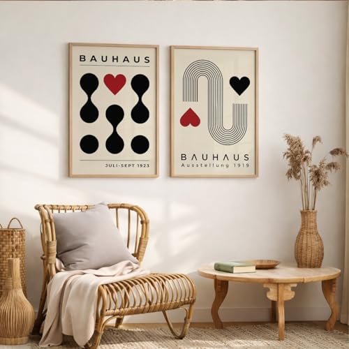 Image of Suneree Bauhaus Wall Art Set of 2 Framed Paintings | Geometric Abstract Modern Art Poster Black Red | Living Room Office Contemporary Home Decor (Art 3, 10x13 Inches)
