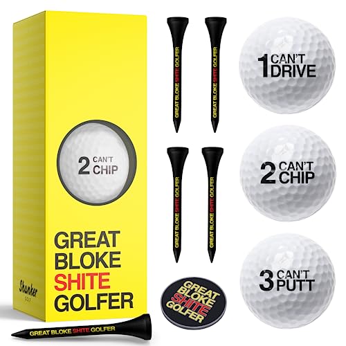 Shanker Golf Balls Gift Set, Shite Golfer Starter Pack, Sleeve of 3 Balls, Ball Marker & Wooden Tees Set
