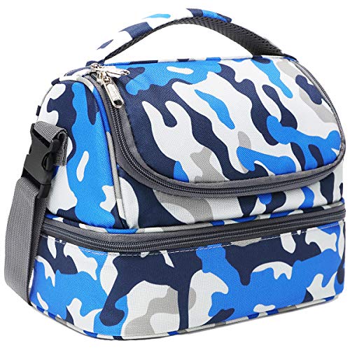 FlowFly Kids Double Decker Cooler Insulated Lunch Bag Large Tote for Boys, Girls, Men, Women, With Adjustable Strap, Blue Camo