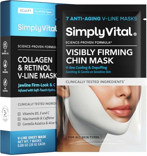 V Line Lifting Mask with Collagen Retinol & Hyaluronic Acid - Caffeine Niacinamide Visible Neck Tightening and Chin Lifting Mask for Women - Double Chin Strap for Face & Jawline Shaper - 7 pcs