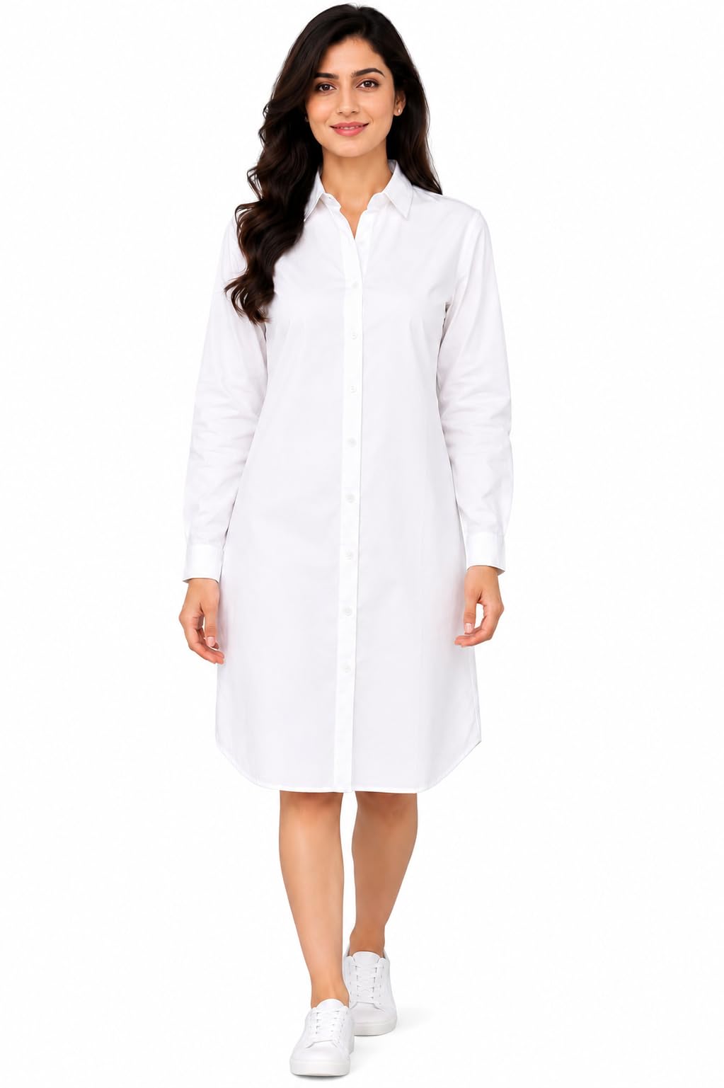 Women's Solid White Cotton Shirt Dress | Long Sleeve Button Down Casual Knee Length Shirt Dress | Collared Oversized Office, Casual & Travel Wear-picture-42